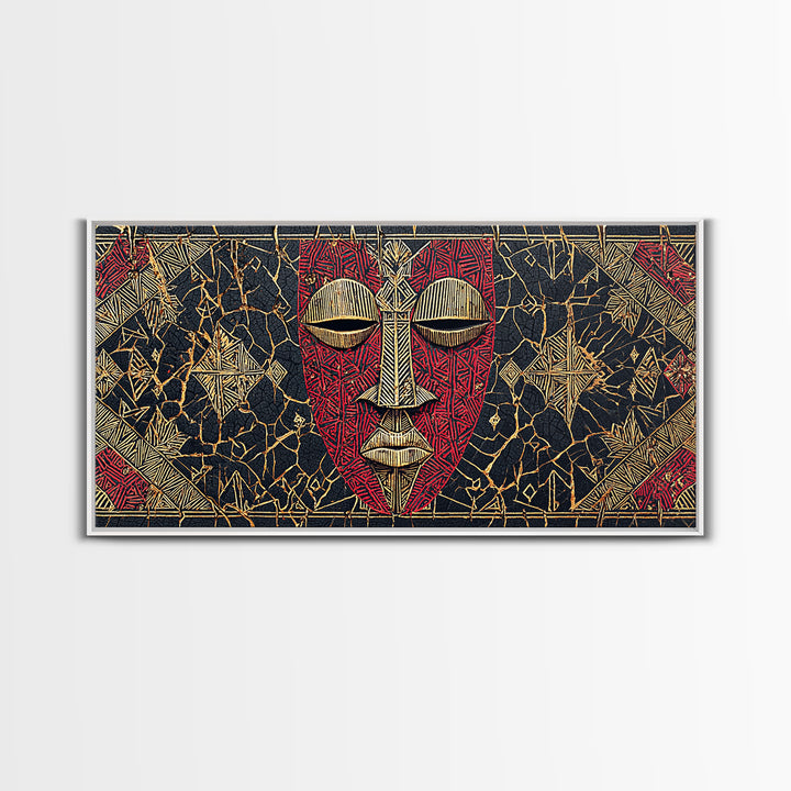 Red African Mask With Gold Geometric Pattern, Framed Canvas Print, Tribal Mask Canvas, Cultural Wall Decor Gift For Home