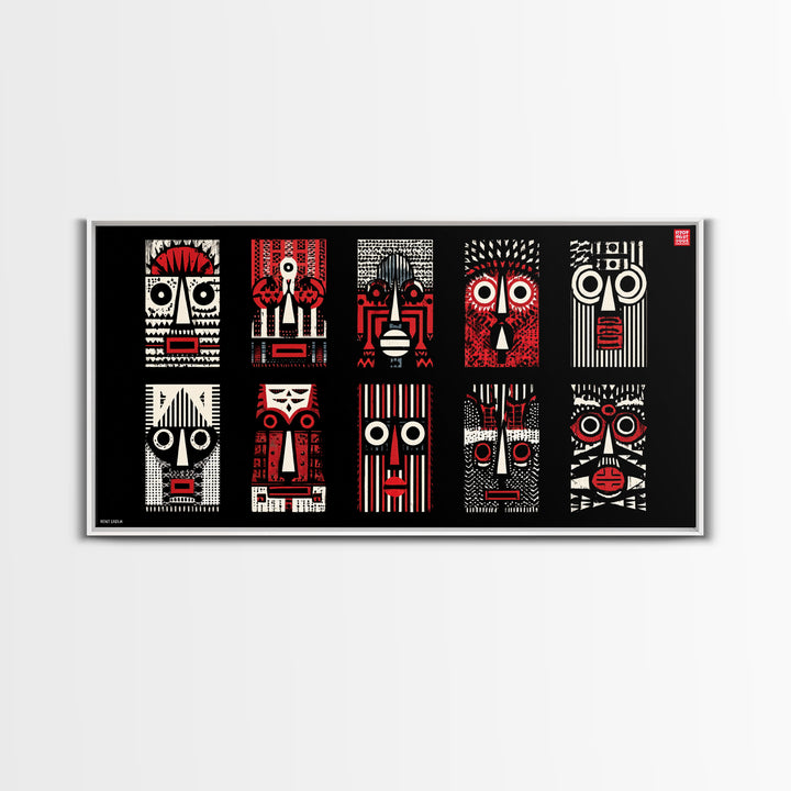 Nine Graphic Red Black And White African Masks, Wall Art, Tribal Mask Canvas, Afrocentric Decor, Bold Modern Pattern Print Set