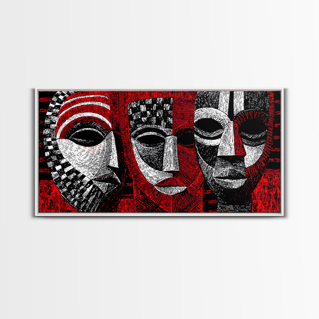 Three Red Black And White African Masks, Canvas Print, Tribal Mask Art, Abstract African Art Decor, Statement Wall Decor Gift