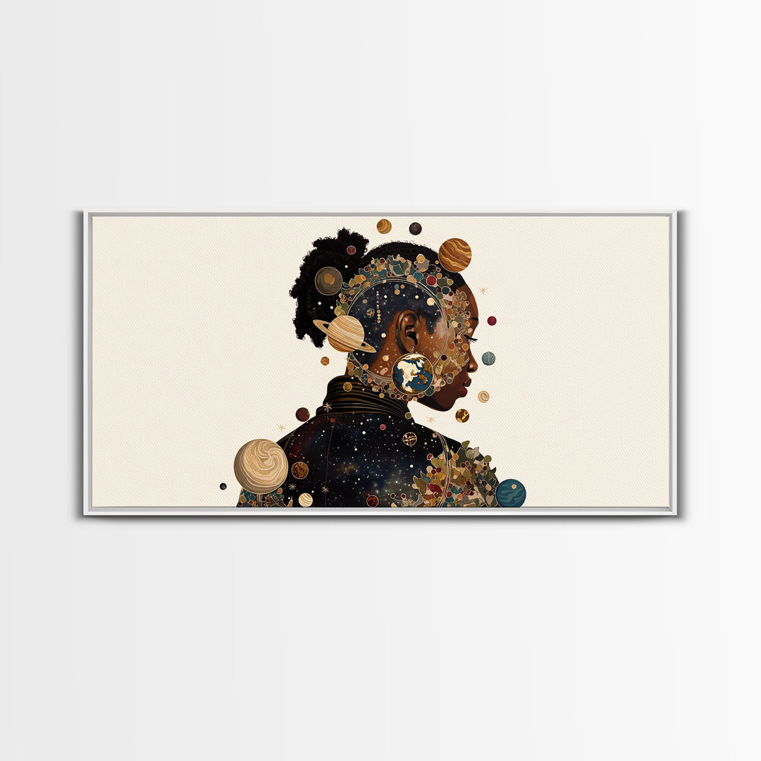 Cosmic Black Woman Profile With Planets, African American Art Framed Canvas Print, Afrocentric Wall Decor, Melanin Gift For Her