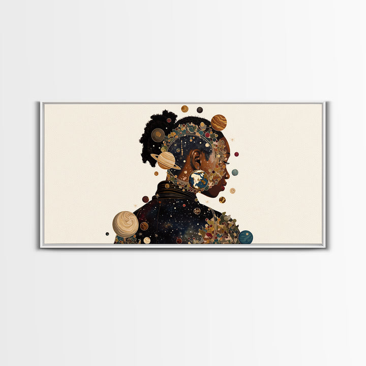 Cosmic Black Woman Profile With Planets, African American Art Framed Canvas Print, Afrocentric Wall Decor, Melanin Gift For Her