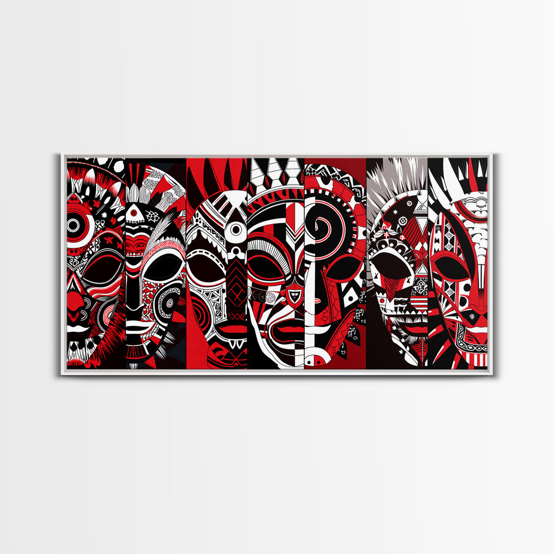 Overlapping Red Tribal Masks In Bold Pattern, African Mask Wall Art, Afrocentric Decor, Contemporary Canvas Print, Home Decor Gift