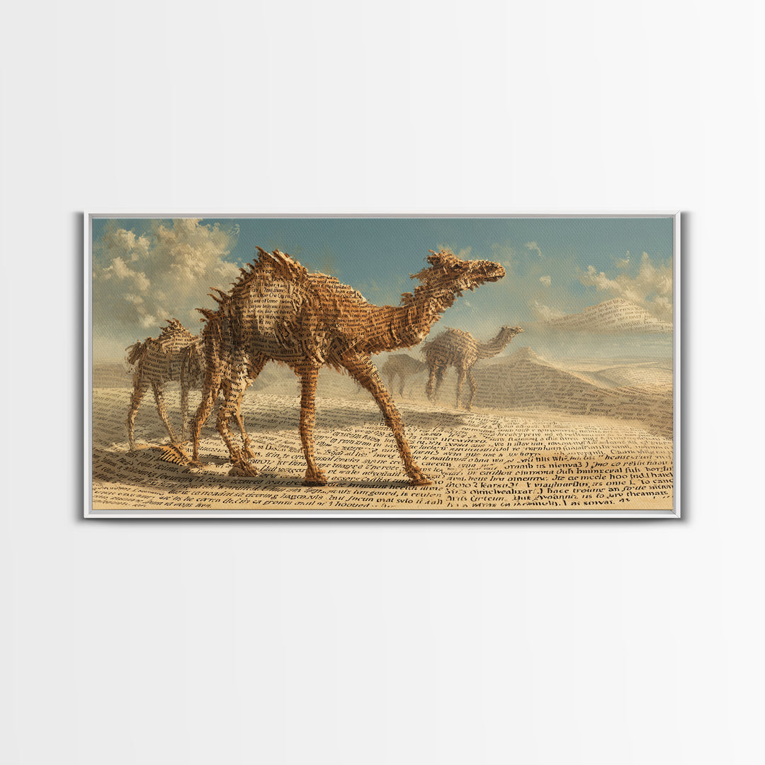 Desert Camel Caravan In Script Texture Canvas Print, African Safari Art, Earth Tone Wall Decor, Boho Living Room Art Gift