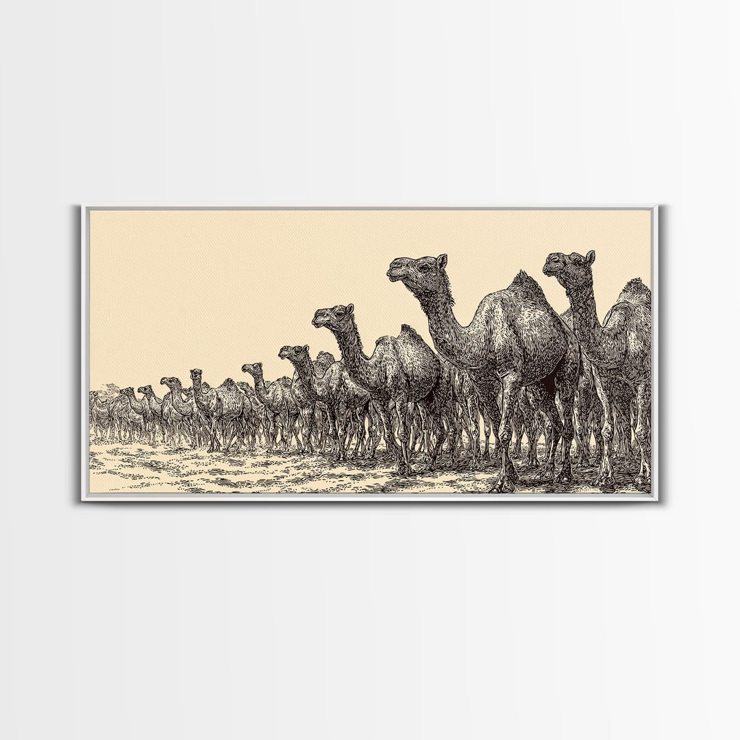 Ink Sketch Camel Herd Across Desert Wall Art, African Safari Art Print, Black And White Tribal Decor, Camel Artwork For Living Room