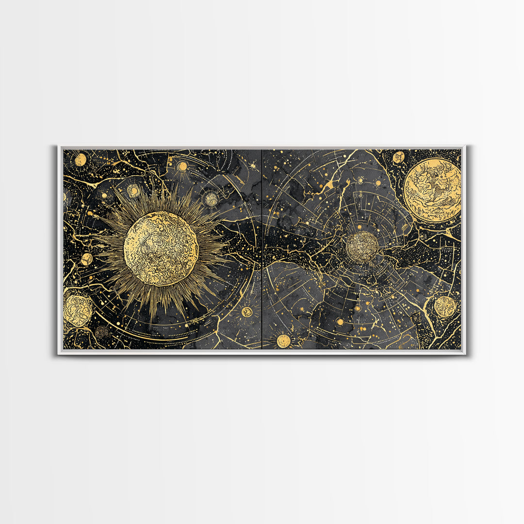 Gold Sun Moon Constellation Map Canvas Print, Celestial African Inspired Wall Art, Black And Gold Spiritual Home Decor Gift