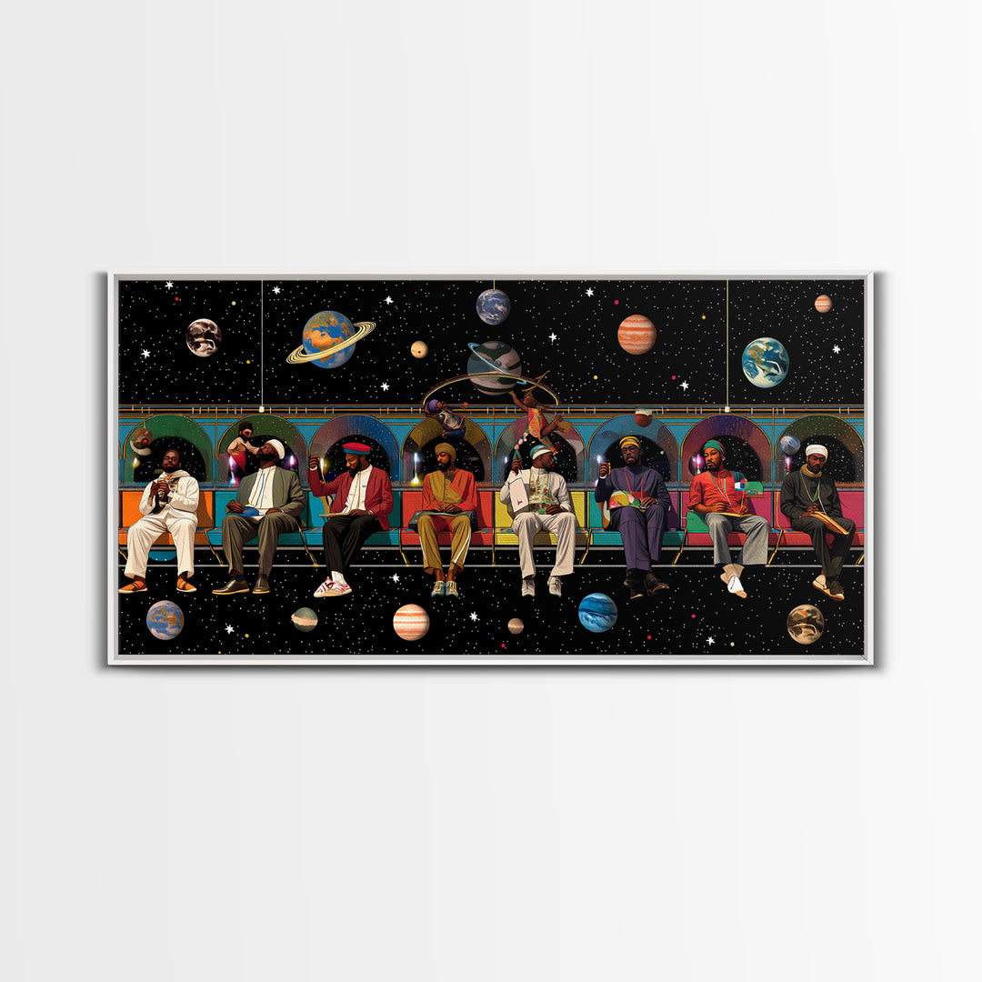 Black Travelers On Cosmic Subway Framed Canvas Print, Afrofuturism Decor, African American Art, Space Wall Decor Gift For Him