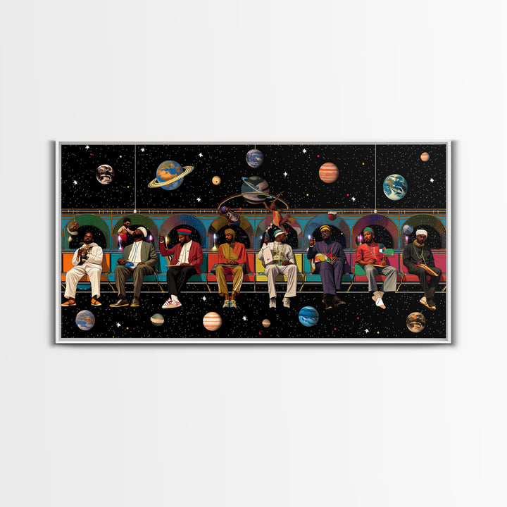 Black Travelers On Cosmic Subway Framed Canvas Print, Afrofuturism Decor, African American Art, Space Wall Decor Gift For Him
