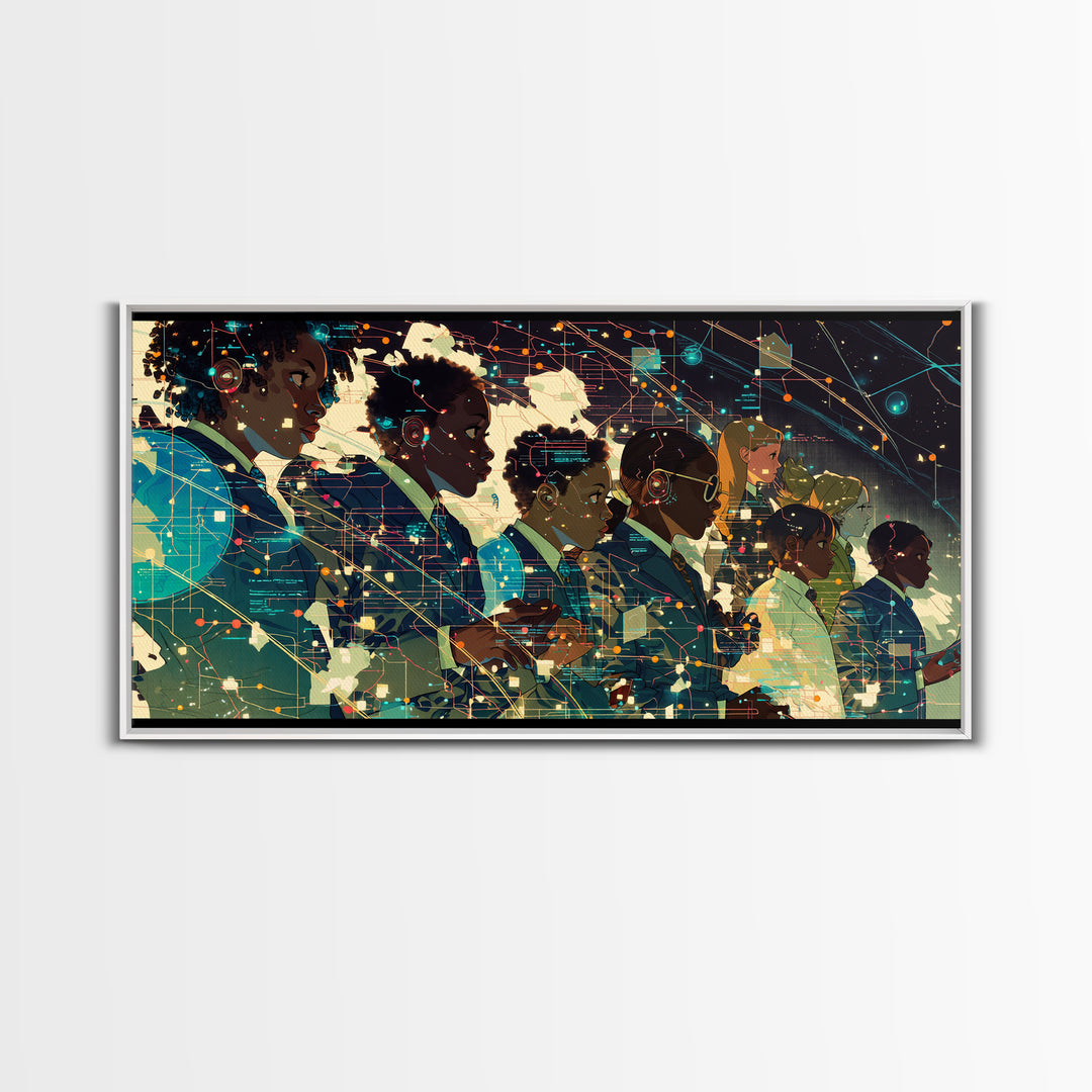 Afrofuturist African Students In Digital Network Canvas Print, Black Girl Art, Modern Black Art, Office Decor, Digital Wall Art