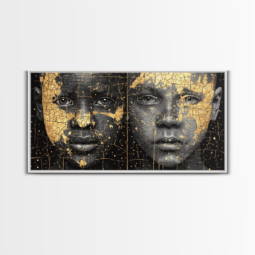 Black Gold African Portrait Diptych Wall Art, Afrocentric Abstract Face Art, Modern Black Culture Decor, Luxury Canvas Print
