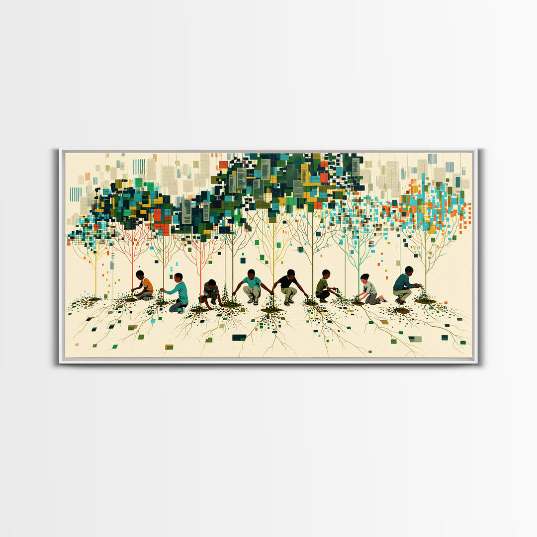 Children Planting Digital Forest Wall Art, African Community Tree Artwork, Modern Afrocentric Decor, Eco Living Room Print