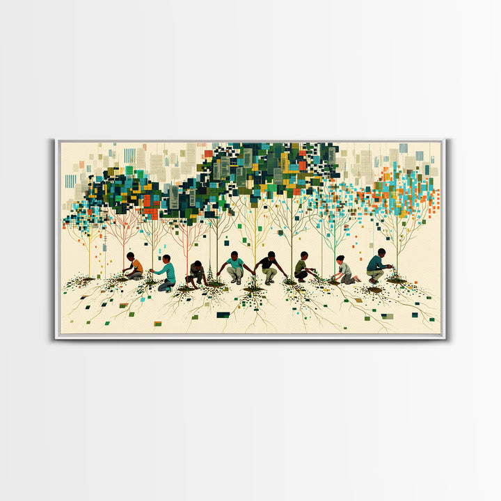 Children Planting Digital Forest Wall Art, African Community Tree Artwork, Modern Afrocentric Decor, Eco Living Room Print
