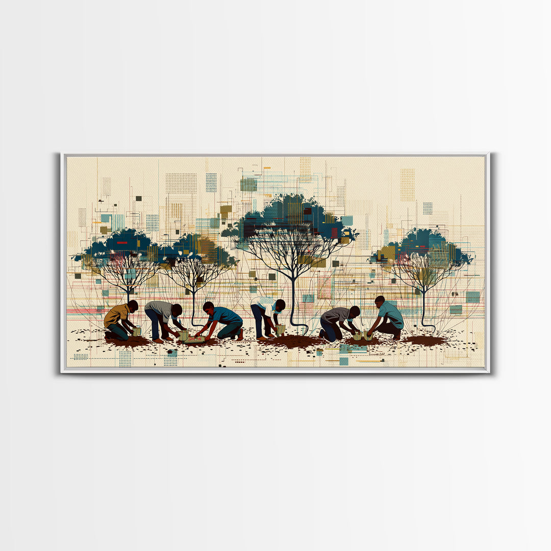 Community Tree Planting Wall Art, African Landscape With Acacia Trees, Modern Afrocentric Print, Cultural Home Decor Gift
