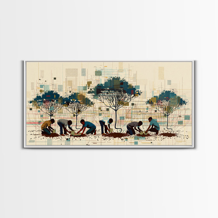 Community Tree Planting Wall Art, African Landscape With Acacia Trees, Modern Afrocentric Print, Cultural Home Decor Gift