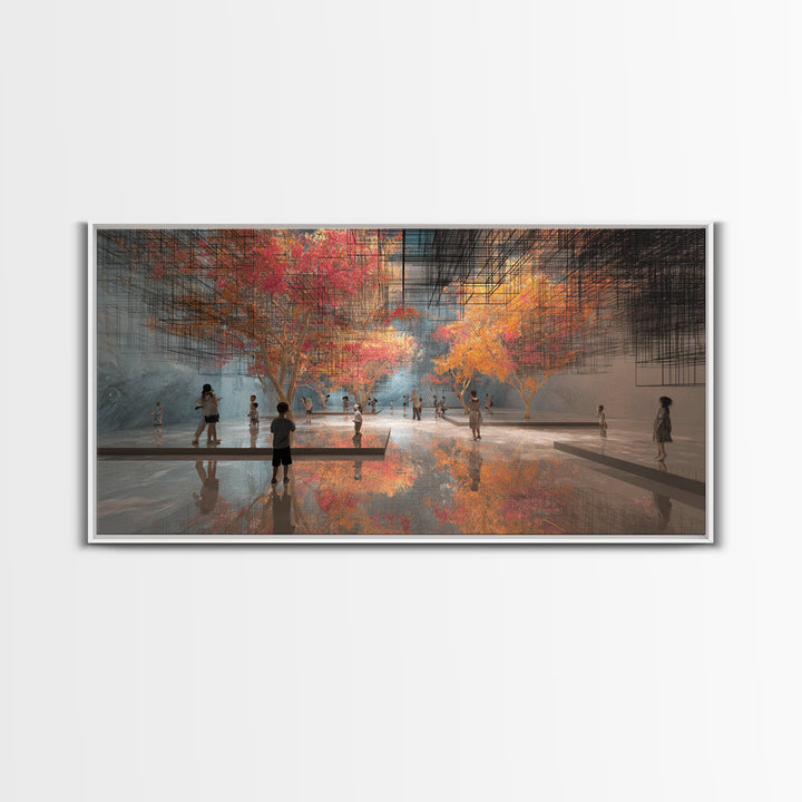Futuristic Autumn Indoor Park Wall Art, Children In Reflective Gallery, Dreamy Modern Nature Scene, Large Decor Canvas Print