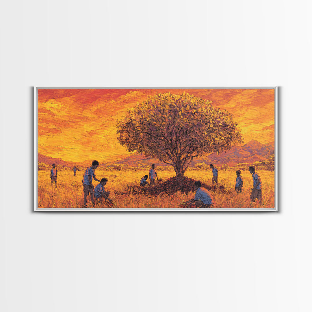 Golden Savanna Tree Framed Canvas Print, African Children Landscape, Sunset Safari Art, Warm Cultural Wall Decor Gift Print