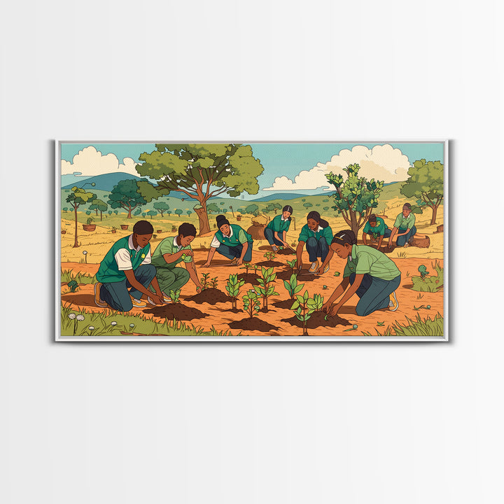 Students Planting Saplings Canvas Print, African Safari Landscape, Youth Garden Artwork, Green Nature Wall Decor Gift For Kids