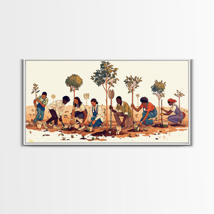 Tree Planting Volunteers Wall Art, African Community Garden Scene, Boho Cultural Artwork, Earth Tone Home Decor Print Gift