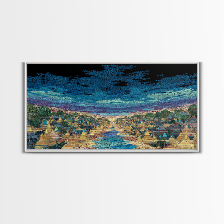 Glowing River City Skyline At Twilight Wall Art, African Inspired Landscape, Luxury Canvas Decor, Living Room Statement Gift