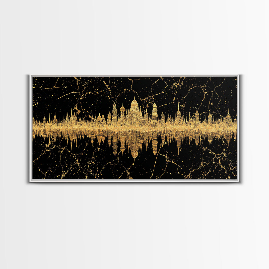 Golden Temple Skyline Reflection Framed Canvas Print, African Inspired Black And Gold Wall Decor, Luxury Statement Art Gift