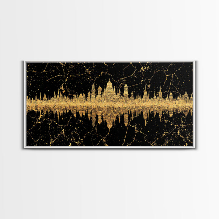 Golden Temple Skyline Reflection Framed Canvas Print, African Inspired Black And Gold Wall Decor, Luxury Statement Art Gift