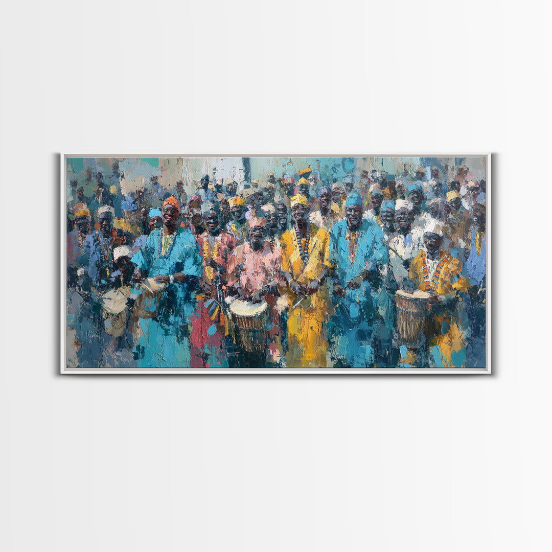 Vibrant African Drumming Procession Framed Canvas Print, Cultural Celebration Wall Decor, Afrocentric Home Decor Gift Art