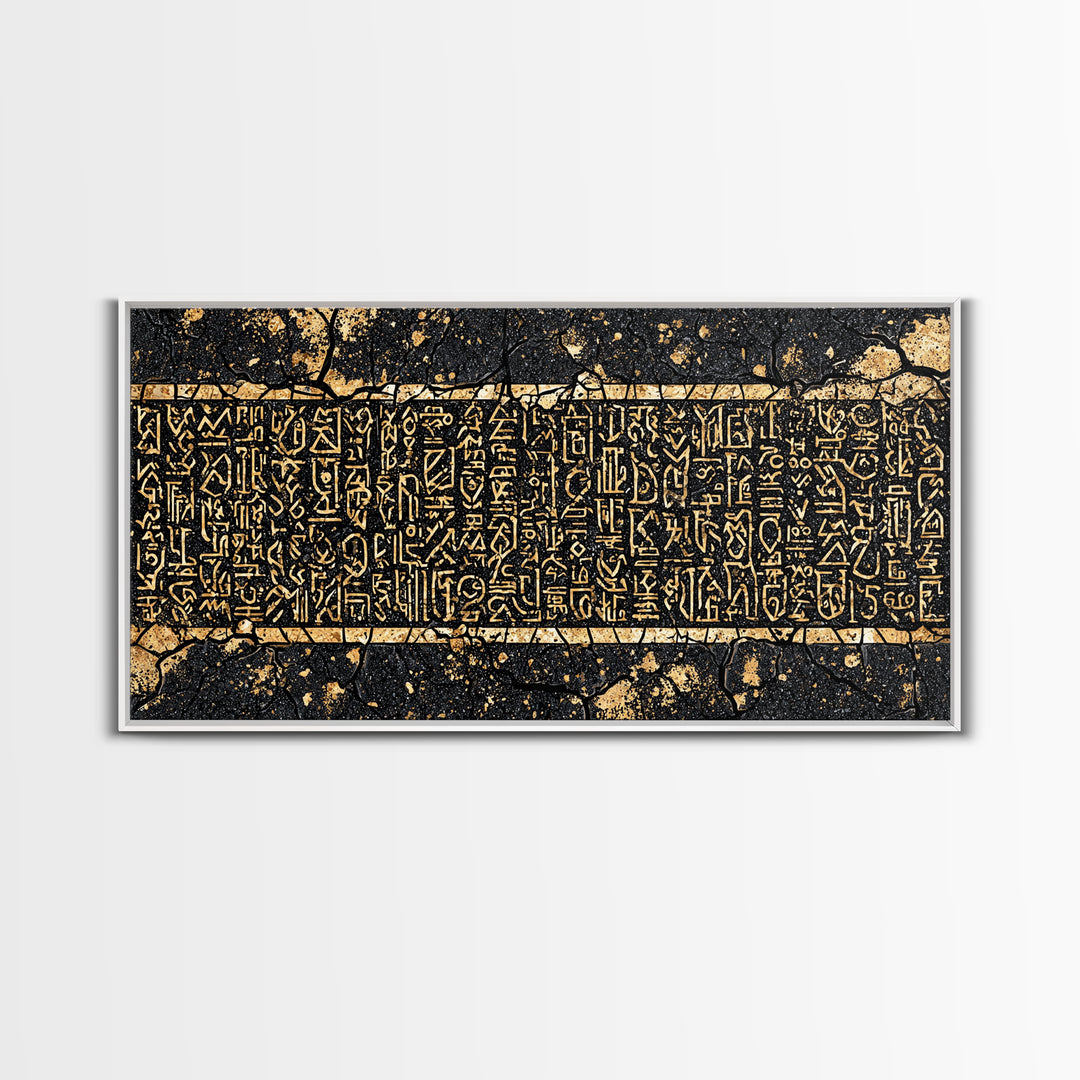 Gold Egyptian Hieroglyph Panel Wall Art, African Culture Art Print, Ancient African Decor, Black And Gold Statement Canvas