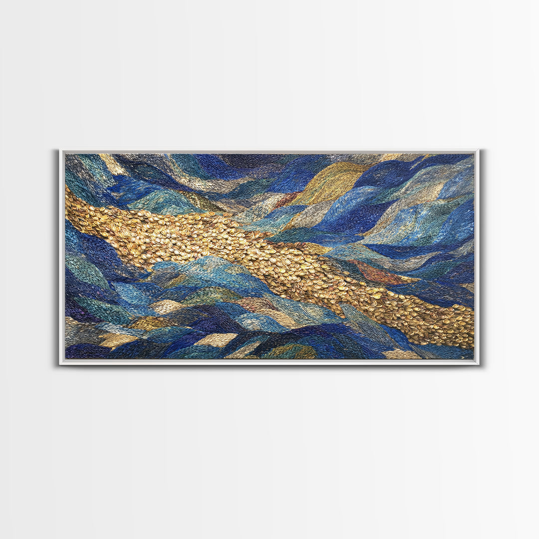 Blue Gold River Mosaic Wall Art, African Landscape, Textured Art Print, Coastal Abstract Decor, Modern Large Canvas Print