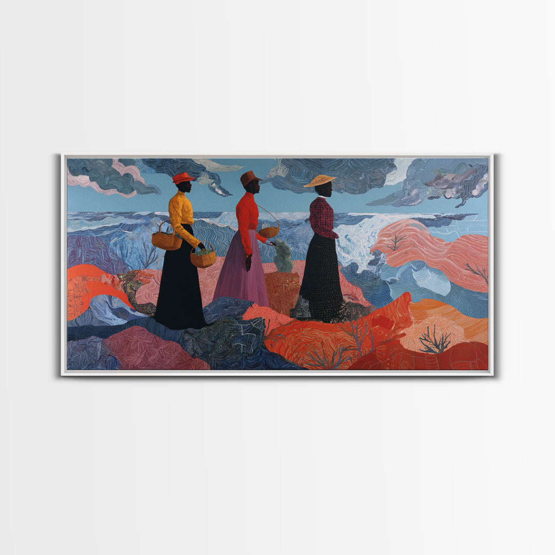 Three African Women By Stormy Sea Wall Art, Coastal Figurative Painting, Afrocentric Decor, Black Culture Art Print, Home Decor