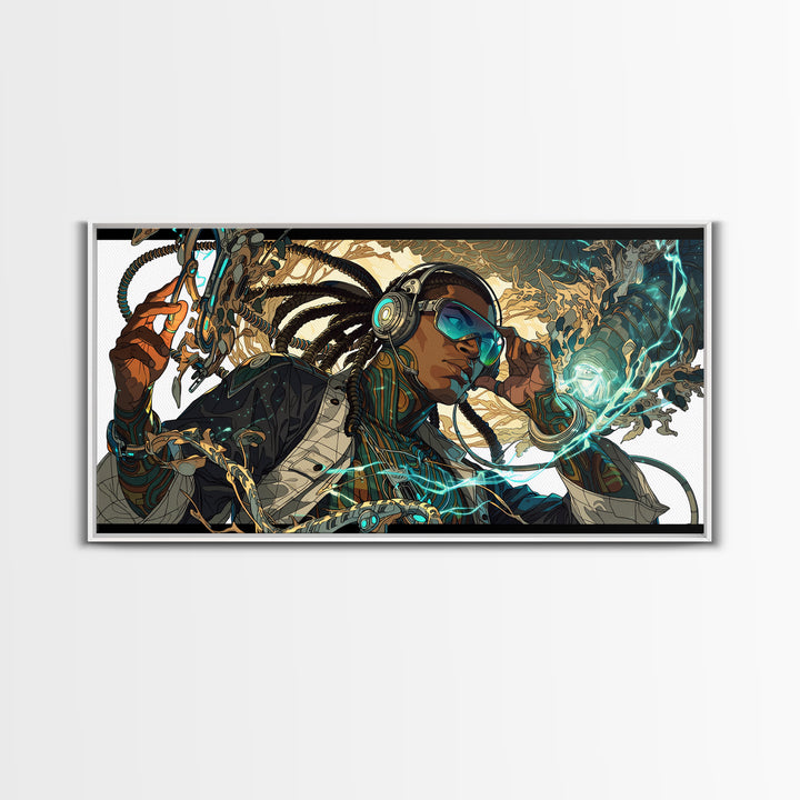 Afrofuturist Black Woman With Headphones Framed Canvas Print, Sci Fi Portrait, Afrocentric Wall Art, Digital Art Decor Gift
