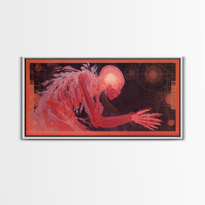 Pink Cybernetic Spirit Skeleton Framed Canvas Print, Futuristic Sci Fi Anatomy Wall Art, Mystical Afrocentric Decor Gift
