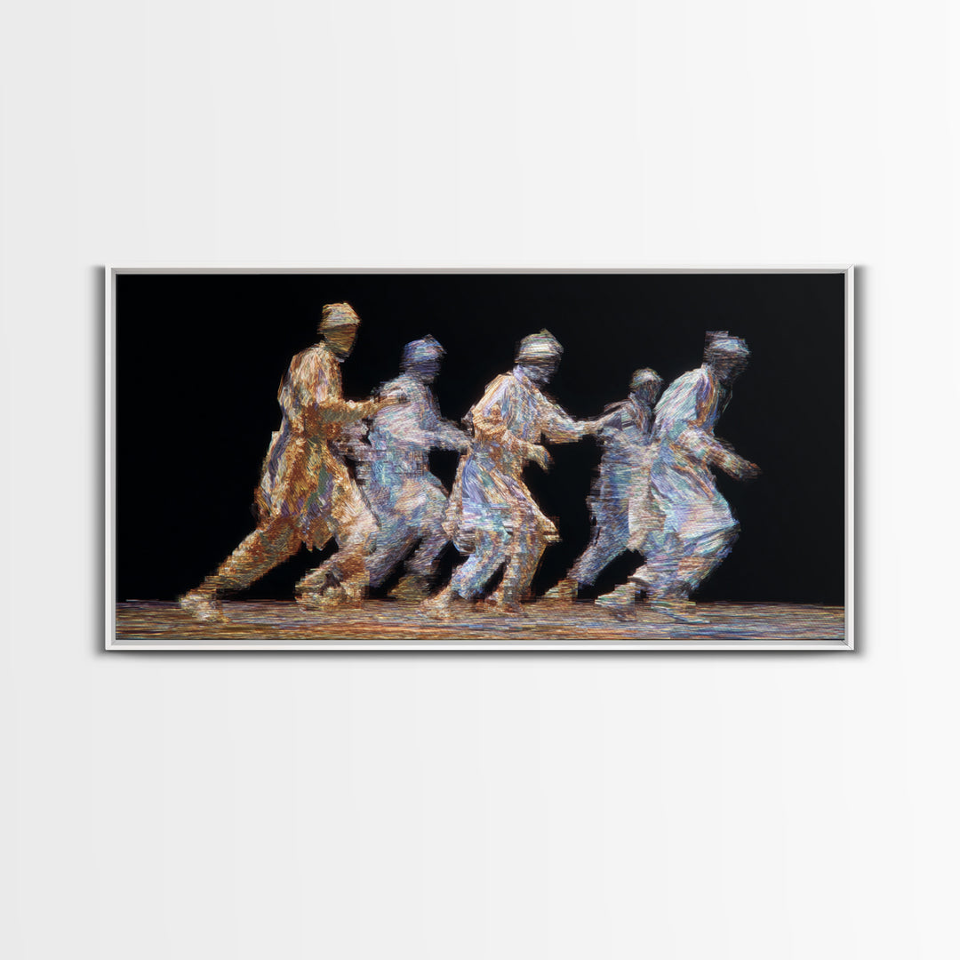 Five Glowing Figures Running On Black Canvas Print, Abstract Motion Wall Art, African Diaspora Art, Modern Home Decor Gift