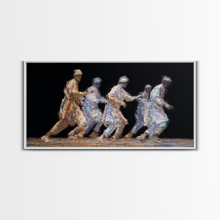 Five Glowing Figures Running On Black Canvas Print, Abstract Motion Wall Art, African Diaspora Art, Modern Home Decor Gift