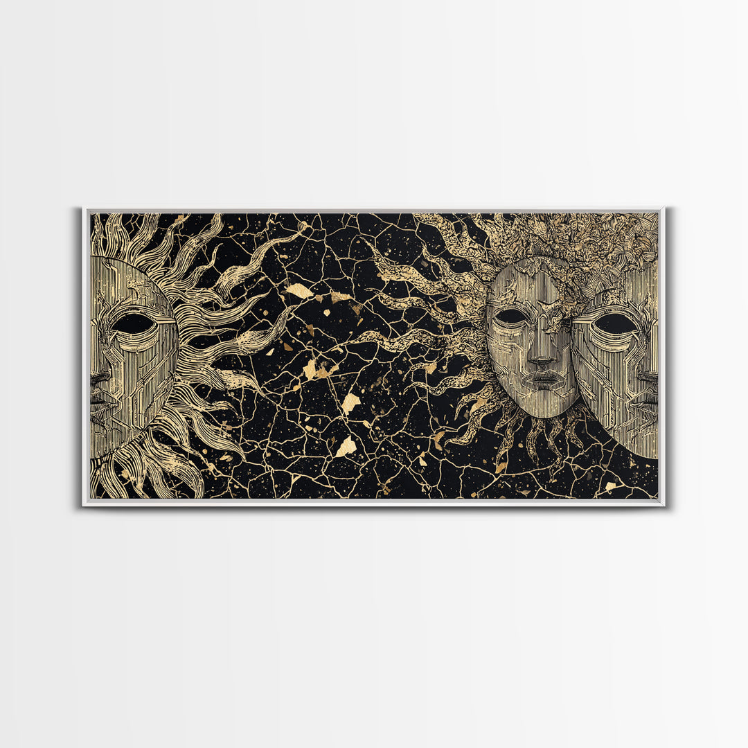 Golden African Masks On Black Abstract Wall Art, Tribal Mask Canvas Print, African Decor, Cultural Home Decor Gift, Statement Piece