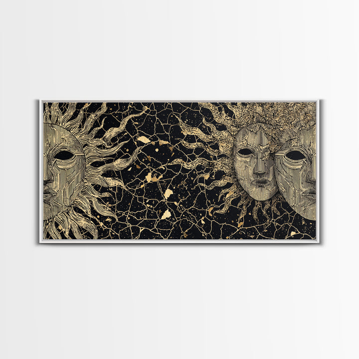 Golden African Masks On Black Abstract Wall Art, Tribal Mask Canvas Print, African Decor, Cultural Home Decor Gift, Statement Piece
