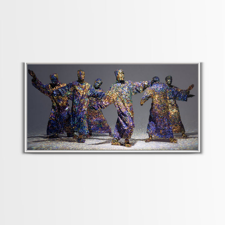 Shimmering Abstract African Figures Dancing Framed Canvas Print, Gold Black Art, Contemporary Afrocentric Wall Decor, Luxury Canvas Art