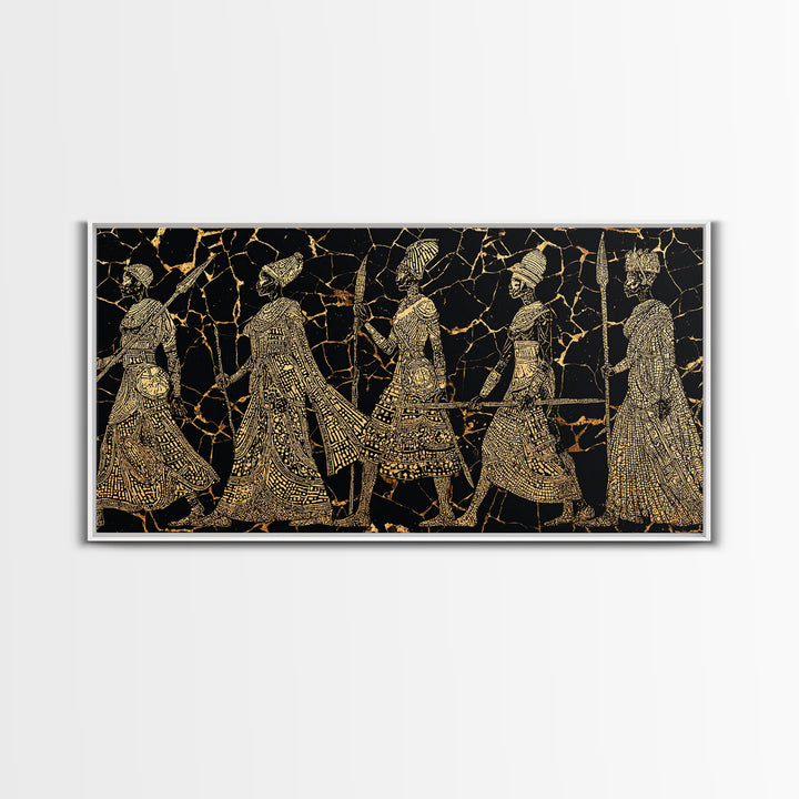 Gold Tribal Women Procession On Black Wall Art, African Patterns, Elegant Cultural Decor, Boho African Canvas Print For Bedroom