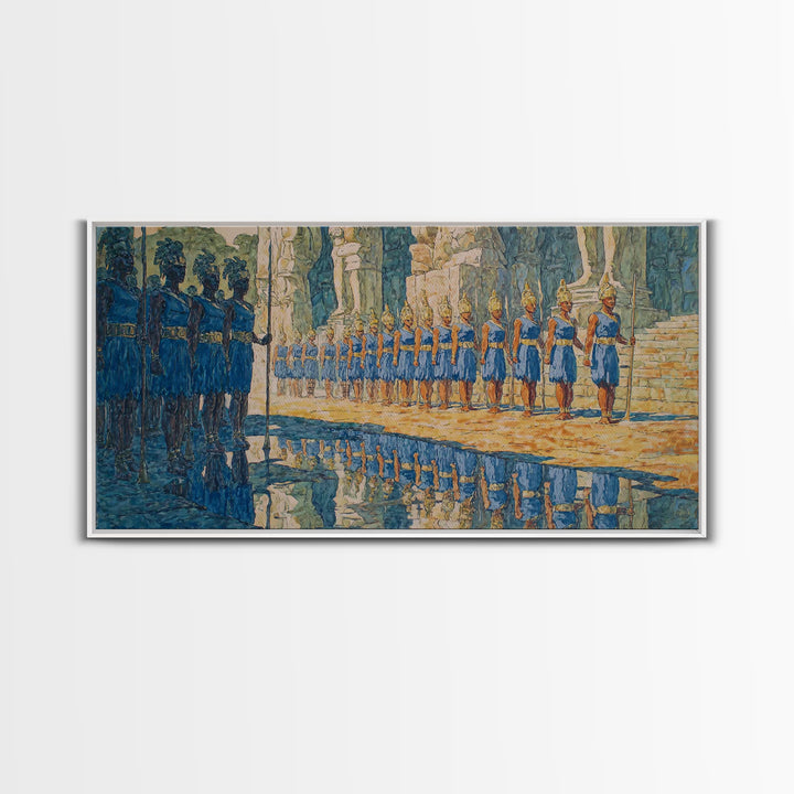 Blue Palace Guard Procession Canvas Print, African Warrior Art, Royal Cultural Wall Decor, Statement Living Room Artwork
