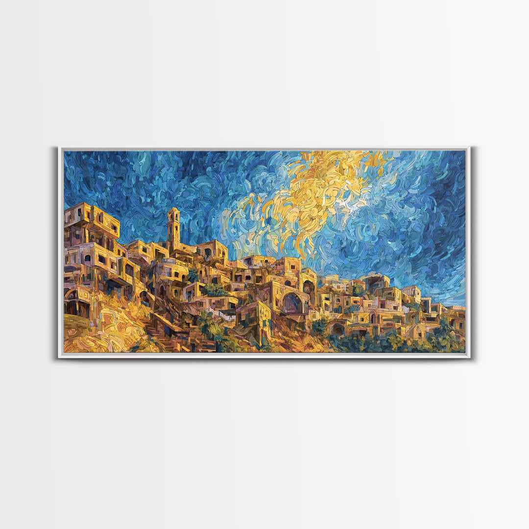 Swirling Sky Desert Village Framed Canvas Print, African Landscape Wall Art, Dreamy Blue Gold Home Decor, Unique Gift Idea