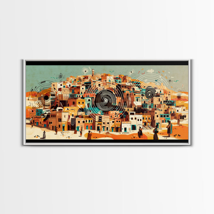 Panoramic Desert City With Circular Motifs Canvas Print, African Landscape, Modern Wall Art, Terracotta Home Decor Gift For Him