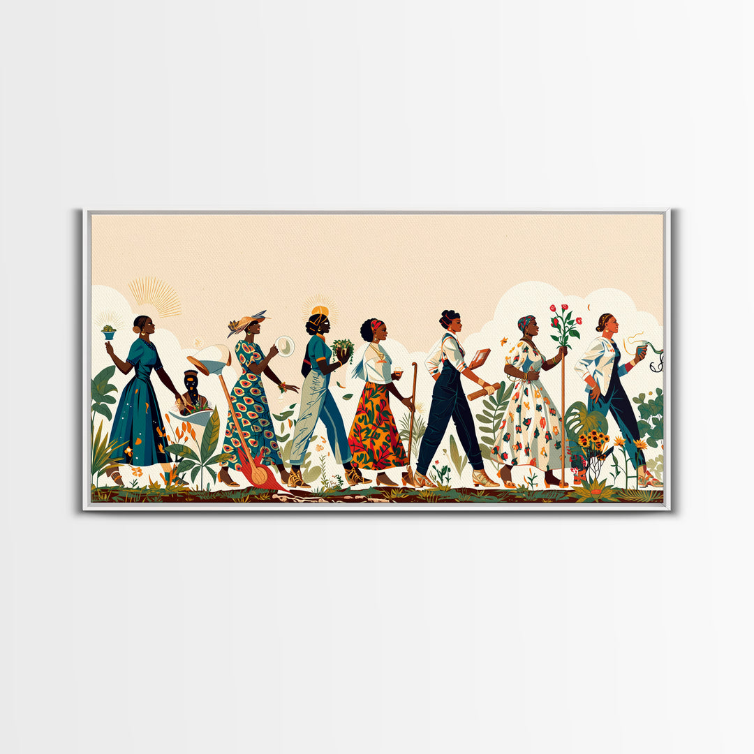 Elegant African Women Procession Wall Art, Floral Ankara Dresses, Feminine Afrocentric Decor, Black Woman Art Gift For Her