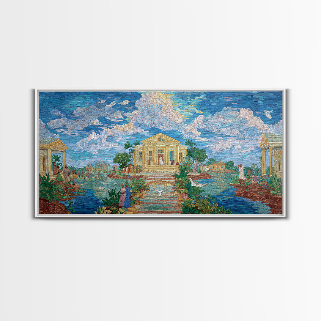 Dreamy Temple Lake Landscape Wall Art, Blue Impressionist Nature Scene, Spiritual African Inspired Decor, Elegant Home Gift