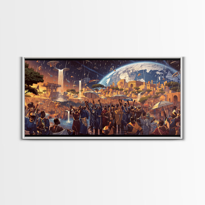 Afrofuturist African City Celebration Framed Canvas Print, Black Culture Art, Afrocentric Wall Art, Bold Home Decor, Statement Piece