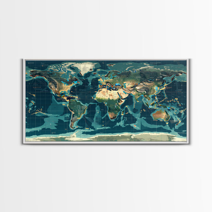 Teal Illustrated World Map Wall Art, Digital Art, Office Decor, Modern Wall Decor, Large Canvas Wall Art, Gift For Travelers