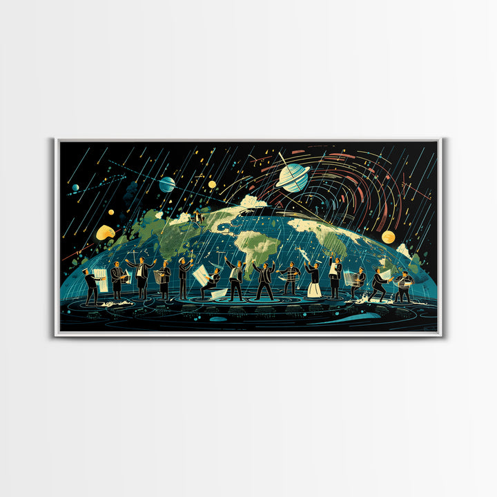 Cosmic Orchestra Over Earth Canvas Print, Digital Art, Modern Wall Art, Music Room Decor, Unique Canvas Art, Gift For Him