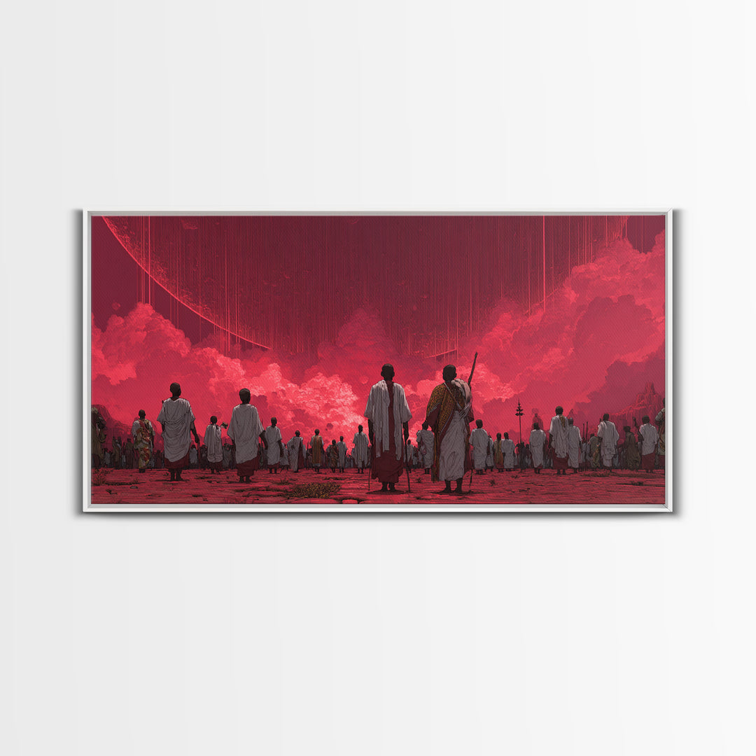 Red Dystopian Pilgrimage Landscape Framed Canvas Print, African Inspired Wall Art, Cultural Art, Bold Living Room Decor, Gift