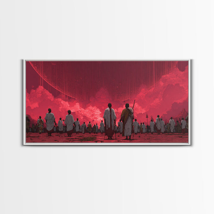 Red Dystopian Pilgrimage Landscape Framed Canvas Print, African Inspired Wall Art, Cultural Art, Bold Living Room Decor, Gift