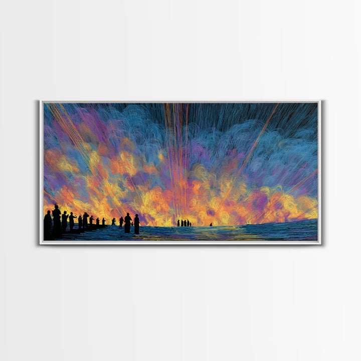 Cosmic Sunset Figures By The Sea Canvas Print, Colorful Wall Decor, Modern Abstract Art, Statement Wall Art, Unique Gift