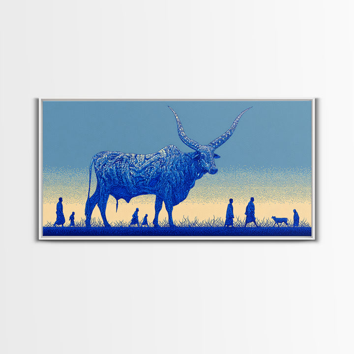 Giant Blue Longhorn Cattle Wall Art, African Animal Art Canvas Print, Safari Decor, Statement Living Room Wall Decor Gift