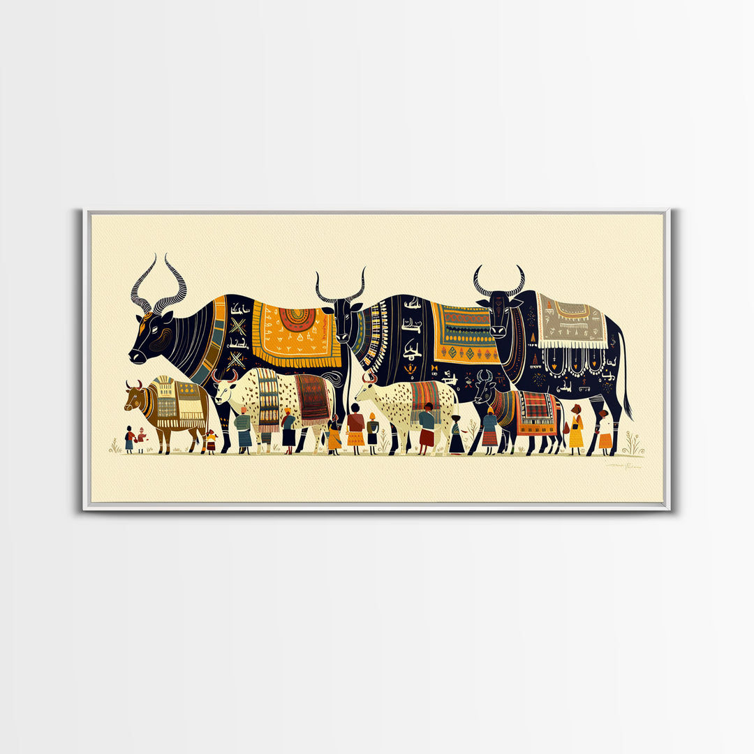 Patterned Watusi Cattle Parade Wall Art, African Fabric Canvas Print, Ankara Decor, Cultural Home Decor Unique Gift For Her