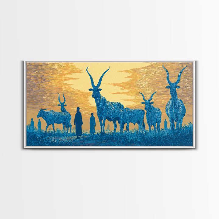 Blue Watusi Cattle Sunset Wall Art, African Safari Art Canvas Print, African Landscape, Rustic Living Room Decor Gift For Him